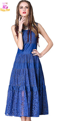 

S M L High Quality chest 84 - 92cm vintage cotton new summer 2018 blue lace long dress women sleeveless denim maxi ankle length