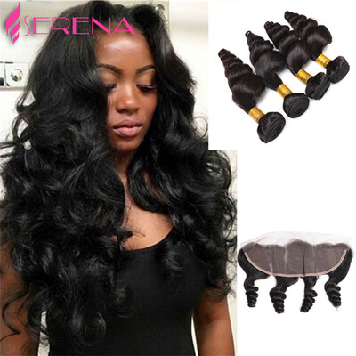 

7A Grade Brazilian Loose Wave 4 Bundles With Closure13x4 Brazilian Virgin Hair Lace Frontal Closure Brazilian Hair Weave Bundles