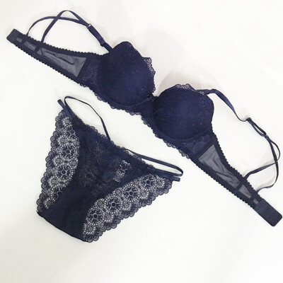 

European&American style Sexy lace translucent Bra Set Deep V gathering upper thin lower thick