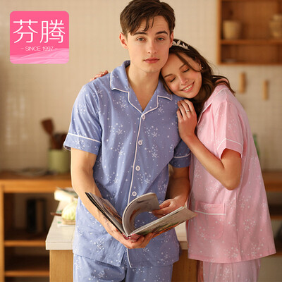 

Fenton FENTENG underwear pajamas male summer couple classic lapel print home clothing suit male L9626619 gray blue