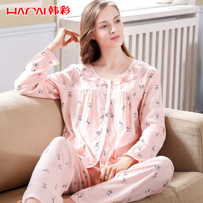 

Han Cai HACAI pajamas female pink head cartoon print with lace home service living clothes apricot powder 15580