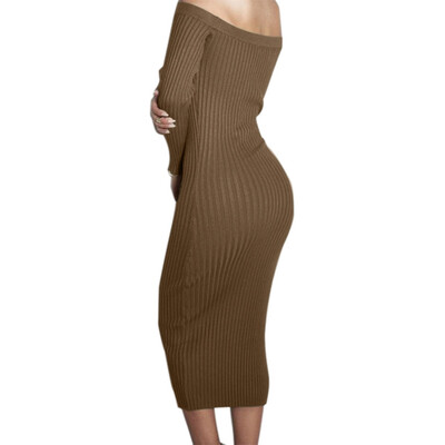 

Fashion Long Sleeve Off Shoulder Slash Neck Sexy Club Women Dress Slim Bodycon Knitted Sweater Knee-Length Party Night Dresses