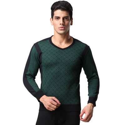 

Seven wolves mens thermal underwear set V-neck plus velvet thickening jacquard warm wool sweater models 98148 dark green