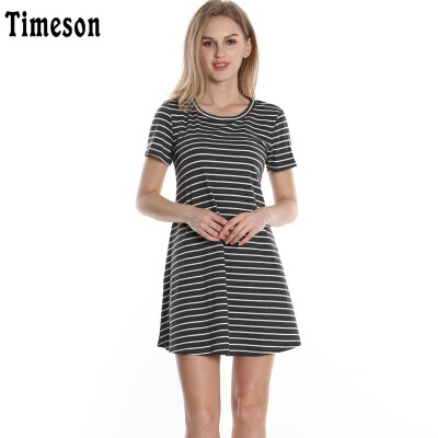 

Timeson New Summer Dresses Short Sleeve Knitted Split T Shirt Dress Big Hem Female Casual Stretch Mini Dresses Black White Tunic