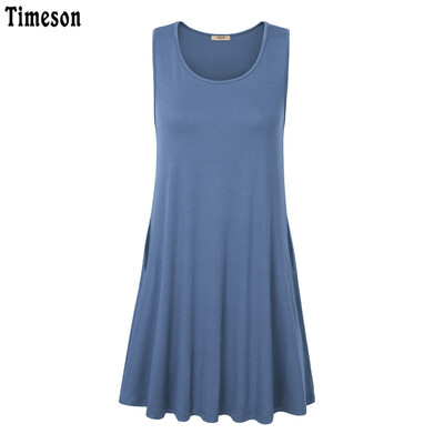 

Timeson New Summer T-Shirt Dress Sleeveless Knitted Tunic Dress with Pockets Big Hem Female Stretch Mini Solid Plus Size Dresse