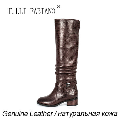 

F.LLI.FABIANO 2015 Winter Fashion Lxurious Boots for Women ZR10961-Q01M Low Square Heel Long Knee High with Plicated Leather Ank