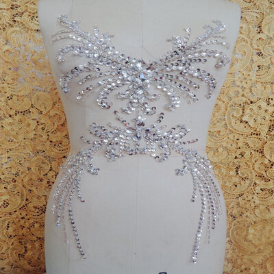 

Pure hand made dazzling sew on Rhinestones applique silver crystals patches 5228cm DIY dress accessory