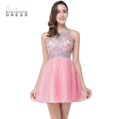 

Vestido Curto Real Image Cheap Beaded Tulle Short Pink Blue Homecoming Dresses 2018 Sexy illusion Back Homecoming Prom Dress