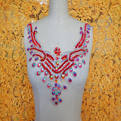 

Handmade red clear AB colour patches sew on Rhinestones applique crystal with stones sequins beads 3425cm