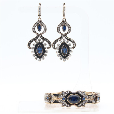 

Vintage Turkish Women Earrings Bangle Jewelry Sets Antique Gold Color Resin Flower Earring Bracelet Set India Bridal Jewelry