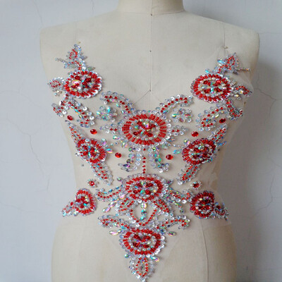 

Handmadesky redclear AB colour sew on Rhinestones applique on mesh crystal patches with stones sequins beads 4535cm