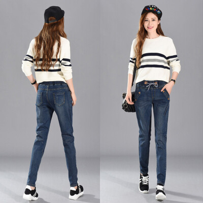 

Fall cotton lady jeans big size high waist fashion long pants loose comfortable haren elastic pencil jeans velvet availble