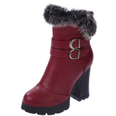 

Fashion Womens Ladies Fur Buckle Ankle Boots Shoes Chunky High Heel Zip Platform