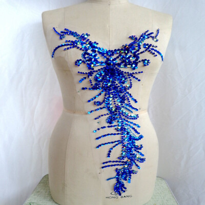 

Deep blue Pure hand made sew on Rhinestones applique crystals trim patches 5828cm dress accessory
