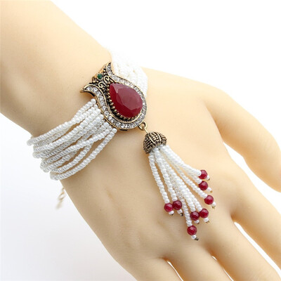 

Vintage Bead Charm Bracelet Turkish Women Resin Jewelry Tulip Flower Antique Gold Color Wedding Banquet Bracelets Bijoux Gift