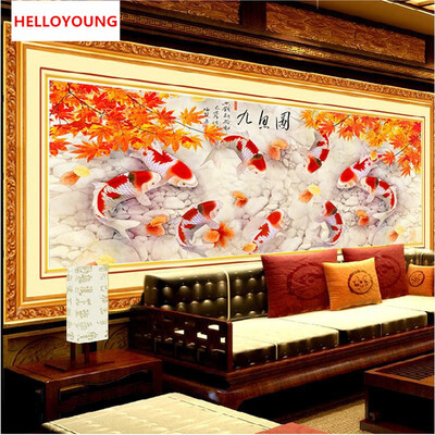 

DIY 5D Ежегодный излишек Девять рыб Благоприятный рисунок Домашний декор Набор для вышивания Круглый бриллиант