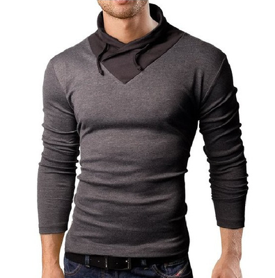 

Mens Fashion Long Sleeve T-shirt Dress Color Stitching Collar Unique Sling Design Casual T Shirt