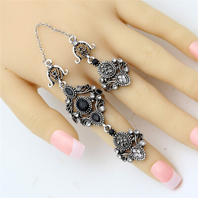 

Good Deal Vintage Turkish Double Finger Rings Women Antique Flower Rhinestone Ring Anillos Ethnic Dance Decoration Retro Jewelry