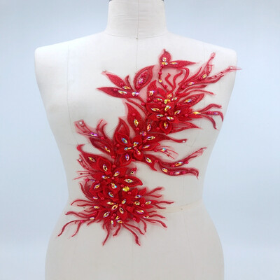 

big red Three-dimensional lace applique with hand sewing beads rhinestones trimming patches 4520 cm for dress accessory