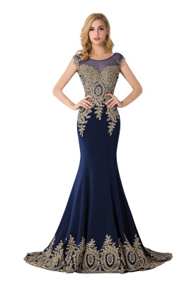 

Lace Applique Mermaid Prom Dresses Capped Sleeves Sheer Long Evening Dresses