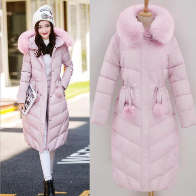 

2018 winter duck coat female long coat thickened female warm rabbit fur collar high quality hooded waist ball hair