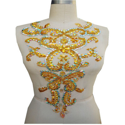 

ручные кристаллы обрезки патчей золотистые / прозрачные AB цвет шит на Rhinestones applique 46 * 30 см для аксессуара для одежды