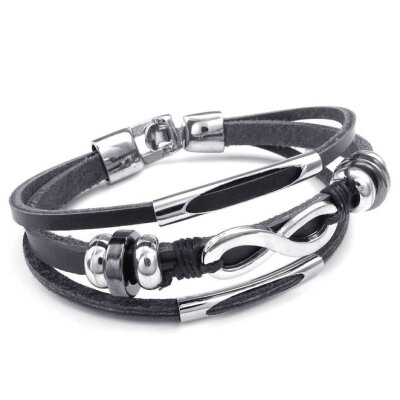 

Hpolw Mens Womens Leather Bracelet, Love Infinity Charm Cuff Bangle, Black Silver