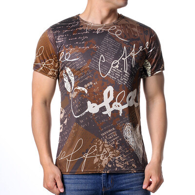 

Mens Fahion Brown Letter Print Slim Fit Short Sleeve Casual T-Shirts