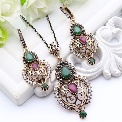 

Ethnic Resin Hollow Flower Jewelry Sets Long Earrings Necklace Set Turkish Antique Gold Color Bijoux Arab Bride Resin Jewelry
