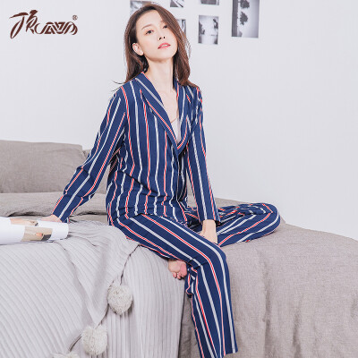 

Top melon melon pajamas womens cotton striped simple casual suit t21280 Tibetan blue 165