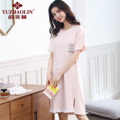 

Yu Zhaolin YUZHAOLIN pajamas womens pajamas womens summer cotton short-sleeved womens nightdress pajamas womens home service suits can be worn outside 3304 pink L