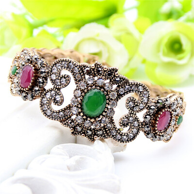

Exquisite Turkish Resin Flower Folding Bracelet Bangle Adjustable Women Vintage Bangle Antique Gold Color Wedding Jewelry Cuff