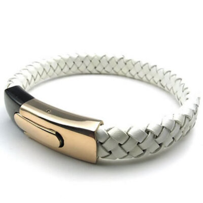 

Hpolw men white&black Genuine Leather&Stainless Steel Bolt buttoned/Gold Stainless Steel Clasp hand-knitted wedding Bracelet