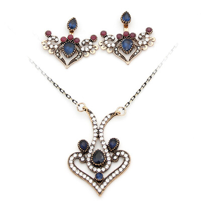 

Vintage Turkish Women Heart Necklace Flower Earring Jewelry Sets Antique Color Tulip Flower Pendant Necklace Adjustable Earrings