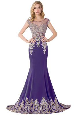 

Lace Applique Mermaid Prom Dresses Capped Sleeves Sheer Long Evening Dresses