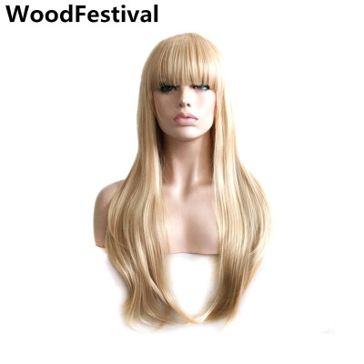 

WoodFestival party ladies wigs blond wig straight hair heat resistant long blonde wig with bangs synthetic wigs for women