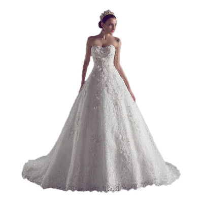 

Hand Made Flower Strapless Sweep Train Pearl Embellishment Lace A Line Wedding