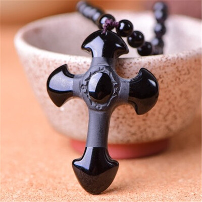 

Natural Crystal Black Gold Obsidian Cross Pendant Male Lady Couple Necklace Christian Jesus Jewelry Gift