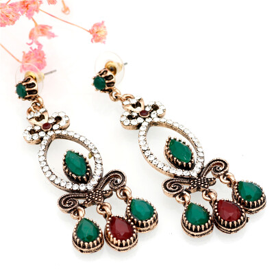 

New Turkish Women Vintage Long Dangle Earrings WaterDrop Resin Hollow Round Rhinestone Retro Love Earring Ethnic Wedding Jewelry