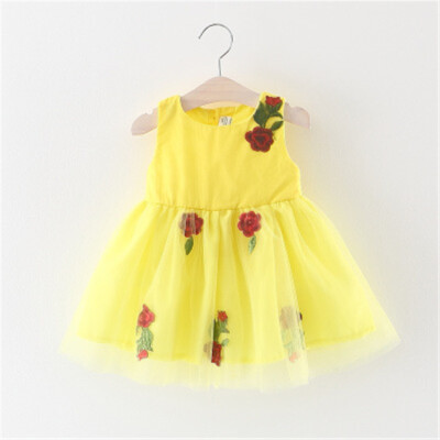 

70-100 Summer Girls Fashion embroidered Rose Dress Children Kids Sleeveless O-Neck Mini Dress