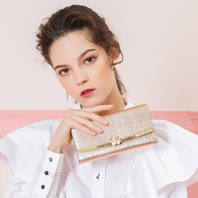 

Monalisa lady wallet butterfly flying series leather long clutch bag multi-card position buckle wallet D9M6044 gold powder