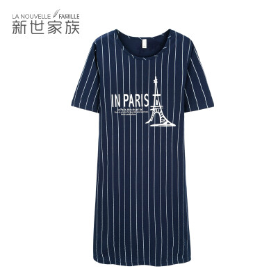 

New World family pajamas women 2018 summer new cotton short-sleeved home service long can wear outside nightdress 73820033 Bao blue XL