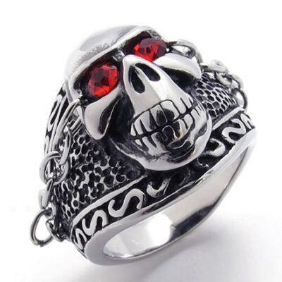 

Hpolw men black&silver Stainless Steel Skull Men's rubies skeleton Ring