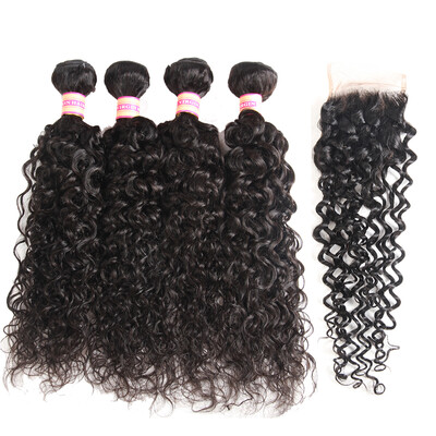 

Brazilian Water Wave 3 Bundles with Closure Human hair Bundles with Closure Remy Hair Weave Extensions Can Be Dyed