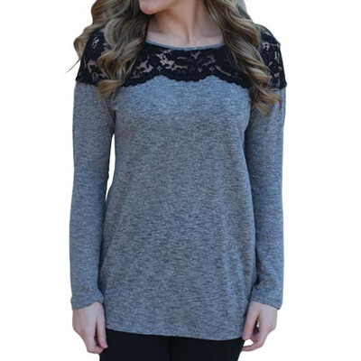 

CT&HF Fashion Women Long Sleeves Cotton&Lace Splicing T-Shirt