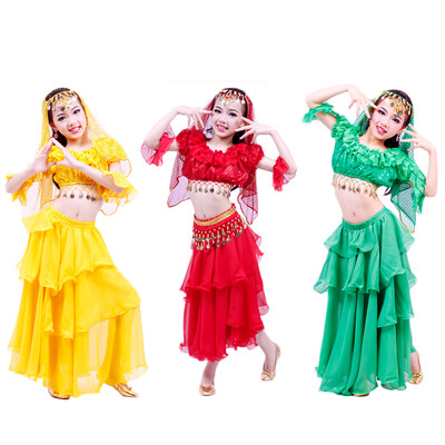 

2018 ChildrenGirlsKids Dance Clothes 5 PieceTopCake SkirtWaist ChainVeil Sleeve Arm Costume For Belly Dance Belli Dance