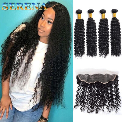 

7A Virgin Indian Deep Curly Hair With Frontal Closure 4 Bundles Ear To Ear Lace Frontal With Baby Hair And Bundles Fast Deals