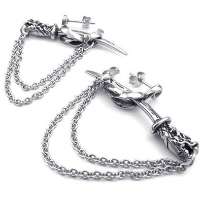 

Hpolw Mens Stainless Steel Gothic Dragon Sword Stud Earrings, Black Silver