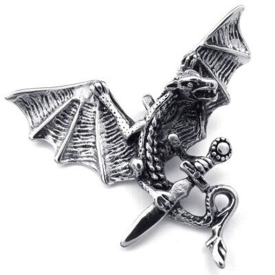 

Hpolw Hot Sale Mens Gothic 316L Stainless Steel Dagger Dragon Pendant Necklace,Black Silver,18-26 inch Chain