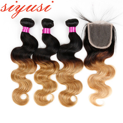 

Ombre Brazilian Body Wave Human Hair Bundles With Lace Closure Free Part Remy Hair Weave 3 Bundles with Closure T1B27